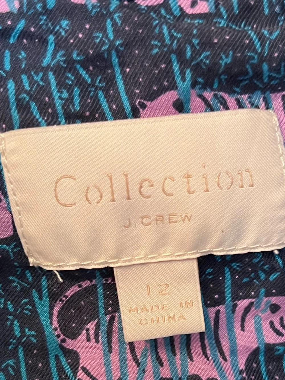 J. Crew Dark Teal Silk Button-Down Shirt with Purple Tiger Print